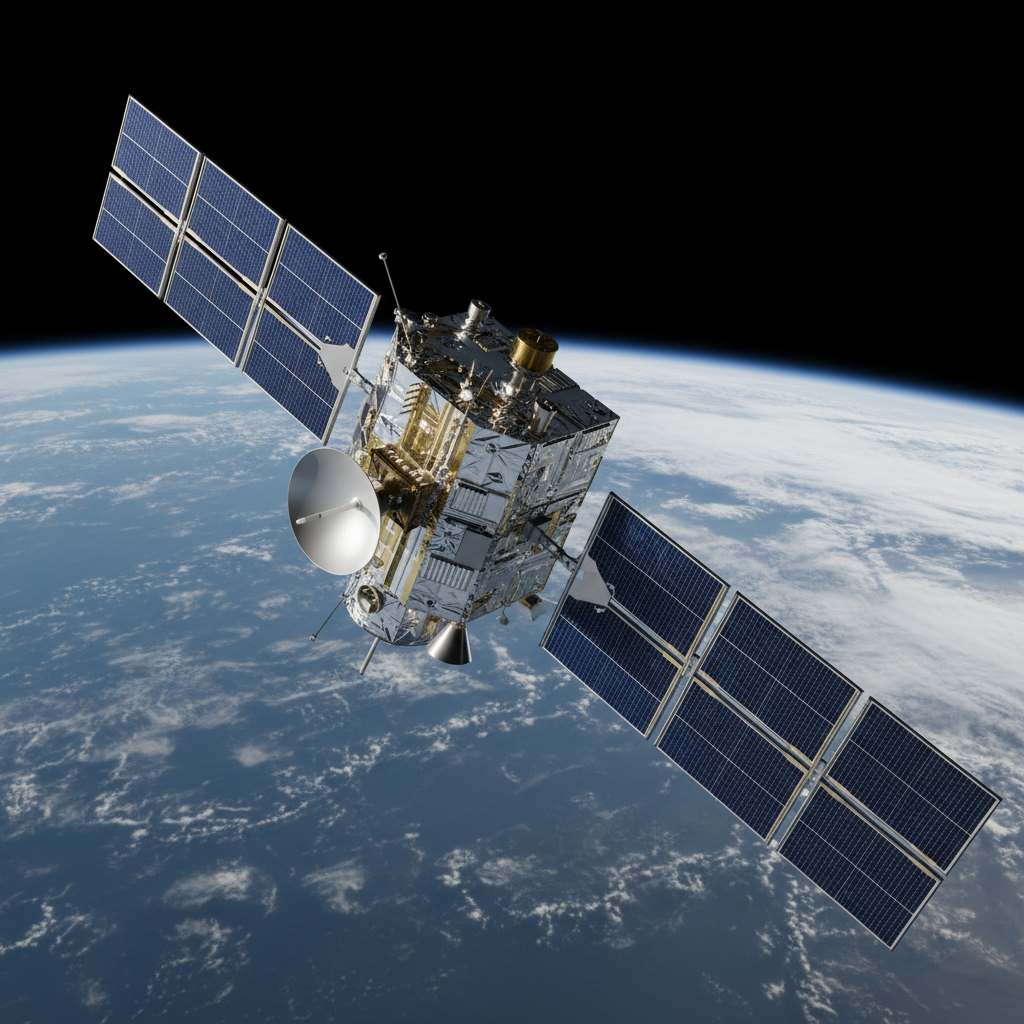 A high-resolution photograph of a gleaming, metallic satellite in Earth orbit, with precisely engineered solar panels extending symmetrically from each side. The satellite’s body features intricate ridges, reflectors, and antennae, capturing subtle highlights on its silver and gold surfaces. In the background, the deep inky void of space merges into a gently curving limb of the blue and white Earth, with wisps of clouds visible. Soft sunlight from the left bathes the satellite, creating gentle shadows and emphasizing its clean geometry. The mood is focused and professional, evoking a sense of achievement and scientific rigor. Framed from a slightly elevated angle for balanced composition, the image uses sharp focus throughout, embodying clean, photographic realism with neutral tones and a polished, corporate aesthetic. Perfect for a technology site dedicated to space missions and celestial outreach.