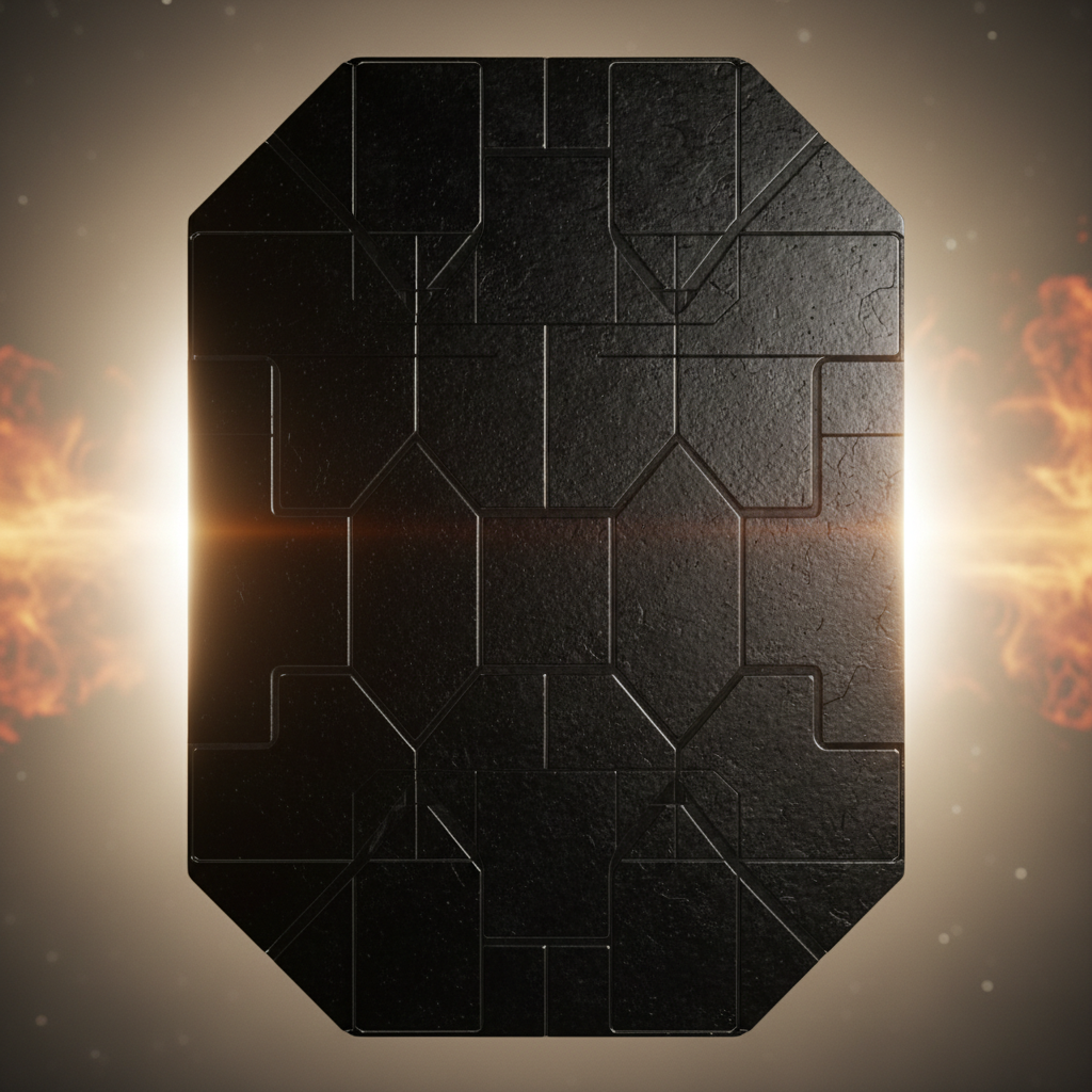 An ultra-realistic close-up of a high-tech solar probe’s heat shield, made of matte-black carbon composite tiles interlocking seamlessly. Fine textures and subtle variations in the tiles’ surface are picked out by focused, raking sunlight, creating delicate highlights and intricate patterns of shadow. The background features the blurred glow of the sun’s corona, with faint solar flares adding a sense of depth and celestial scale, but never overpowering the shield itself. The mood is tense and cutting-edge, showcasing advanced engineering and problem-solving. Captured head-on at eye-level, the composition is tightly cropped and centered, reinforcing the corporate and professional tone with a minimalist, structured layout and a photographic, ultra-clean finish.