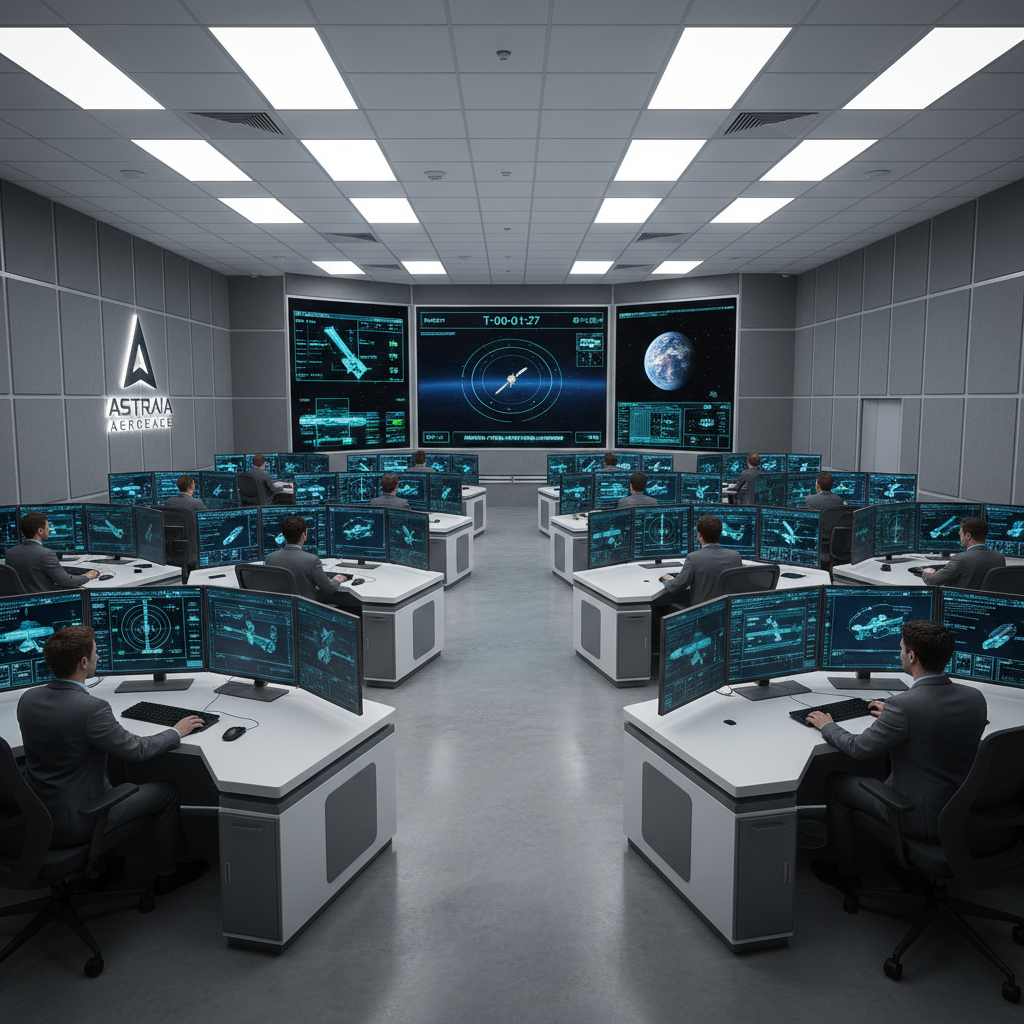 A highly detailed, professionally lit mission control room filled with sleek, modern workstations featuring multiple flat-panel monitors displaying spacecraft telemetry and real-time space imagery. The environment is organized, with crisp white desks, subtle gray and metallic accents, and structured rows of equipment. Neutral, balanced overhead lighting creates a soft, even illumination that reduces harsh shadows, emphasizing the clarity and importance of every detail. Large digital displays at the front of the room show orbital trajectories and mission status in vivid detail. Captured from a slightly elevated, wide-angle perspective, the composition highlights the corporate efficiency and collaborative spirit essential for successful space missions. The mood is focused yet calm, exuding a sense of trustworthiness and order in line with the site’s scientific outreach goals.